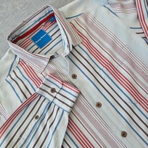 Tommy Bahama Men Large Silk Cotton Striped Long Sleeve Button Down Shirt Blue
